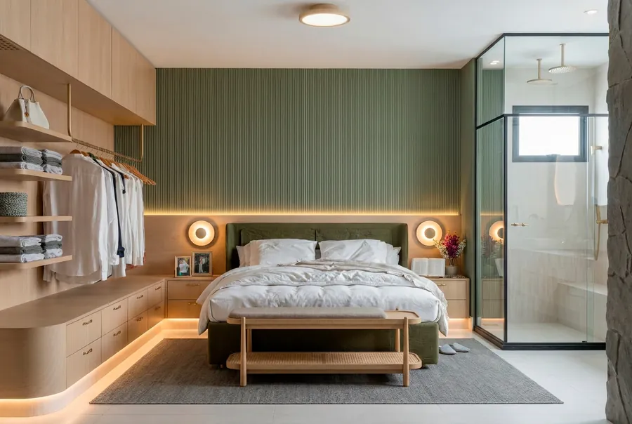 Quarto planejado com marcenaria e parede verde
