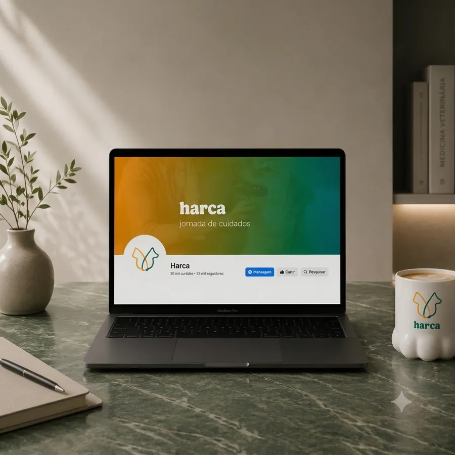 Notebook exibindo a apresentação da marca Harca