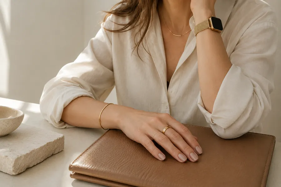 Mulher de camisa clara e relógio apoiada sobre uma agenda de couro