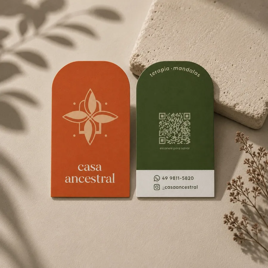 Cartões da identidade visual Casa Ancestral em tons de terracota e verde